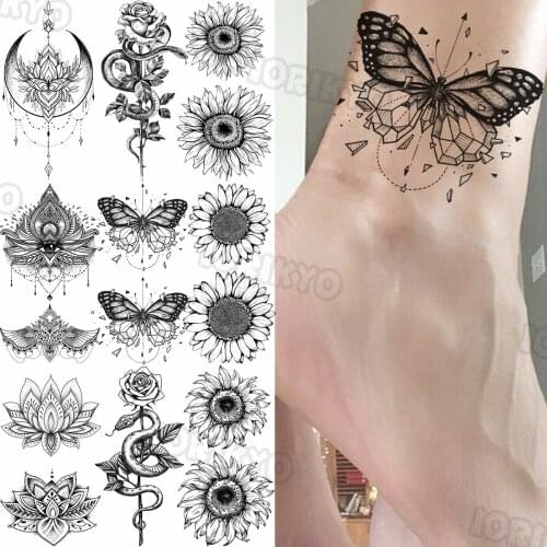 Black Butterfly Temporary Tattoos Small For Women Girls Realistic Henna Sun Flower Snake Rose Fake Tattoo Sticker Leg Tatoos Arm