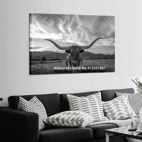 Black and White Animal Canvas Wall Art Highland Cattle with Long Horns Picture Texas Longhorn in Sunset Farm Painting Home Decor