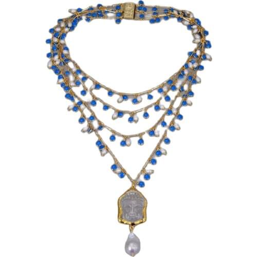 GG Jewelry 19'' 4 Rows White Rice Natural Pearl Blue Enamel Chain Necklace Keshi Baroque Pearl Buddha Pendant For Women