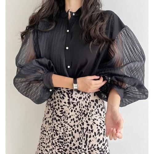 Korean Spring Womens Black White Shirt Patchwork Perspective Mesh Lantern Sleeve Blouse Tops Camisa Ruffles Shirts Clothes Tees