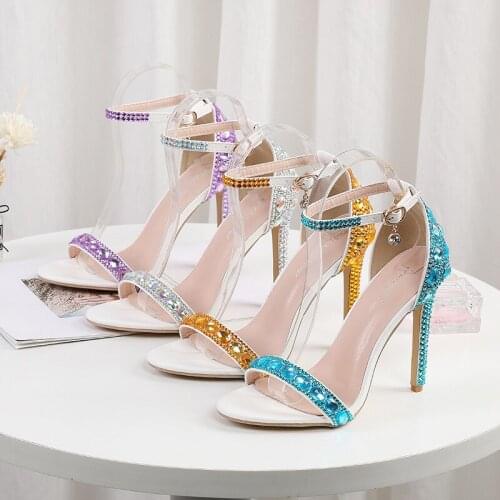 New Crystal Wedding Shoes Women Sandals Luxury Rhinestone Ladies Party Dress Shoes Open Toe Sexy Dance Shoes Ankle Strap 11cm
