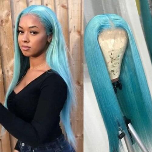 Pastel Blue Long Synthetic Lace Front Wigs for Women Natural Soft Blue Lace Wig with Middle Parting Shiny Blue Wig with Natural