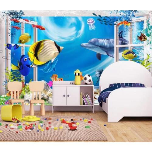Custom photo wallpaper 3d wallpaper for walls 3 d Cartoon window, underwater world, dolphin, kids room, decorative painting wall
