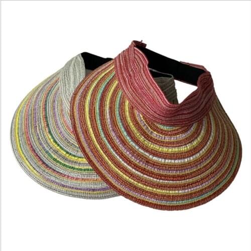 Stripe Collapsible Summer Shading Outdoor Straw Hat Sun Protection Women Fashion Elasticity Beach Hat Empty Top Cap