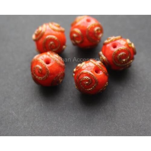 10pcs/Lot 12mm Handmade Lampwork Glass With Gold Screw Round Orange Color Traditional for jewelry Making