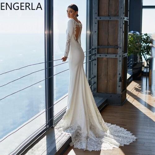 Mermaid Wedding Dress with Long Sleeve Appliqued Satin Trumpet Bridal Gowns Sexy Backless Robe De Soiree
