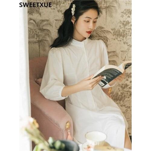 SWEETXUE 2021 Summer French Fashion Designer White V-neck Shirt Temperament Long Dress Womens Elegant Chic Party Female Vestido