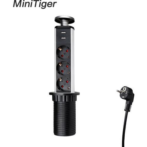 Minitiger 16A PULL POP UP 3 Power Socket 2 USB Charging Port Kitchen Table Desktop Sockets Retractable Countertops EU/FR Plug