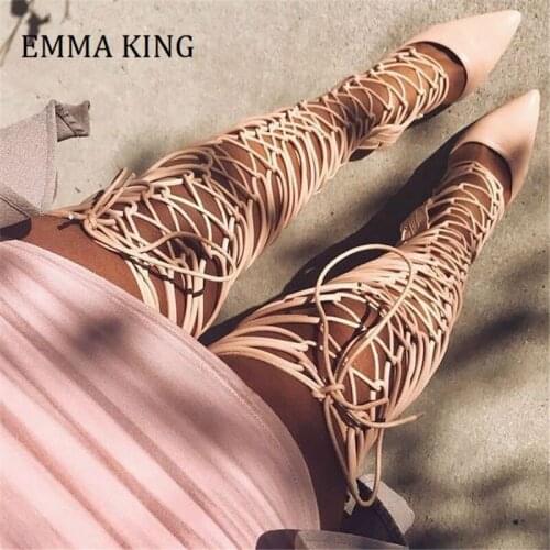 Women Thin High Heels Boots Fashion Cross-strappy Roman Gladiator Bandage Sandals Women Over the Knee High Heel Sandalias botas