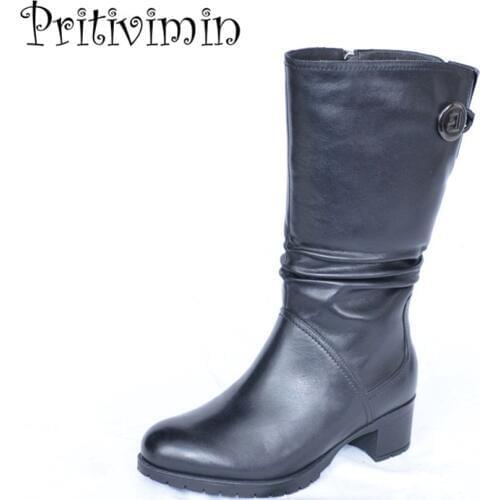 2018 Winter girls warm fur mid calf boots new branded ladies genuine leather handmade shoes women footwear Pritivimin FN25B