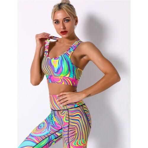Women Printed Colorful Leggings Geometry Print Running Yoga Suits Sportswear High Waist Fitness Leggings Sports Set Gym Suit New
