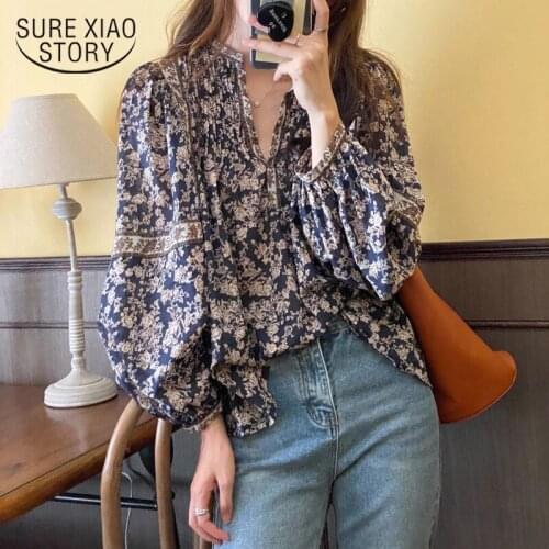 Women Shirts 2021 Autumn Blouses Floral Vintage Vintage Lantern Sleeve Elegant Casual All Match Female Office Lady Tops 16974