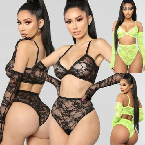 Womens Sexy Hot Exotic Sets Lace Sleepwear Transparent Bralette Panty G-String Thong Gloves 3Pcs Underwear Nightwear