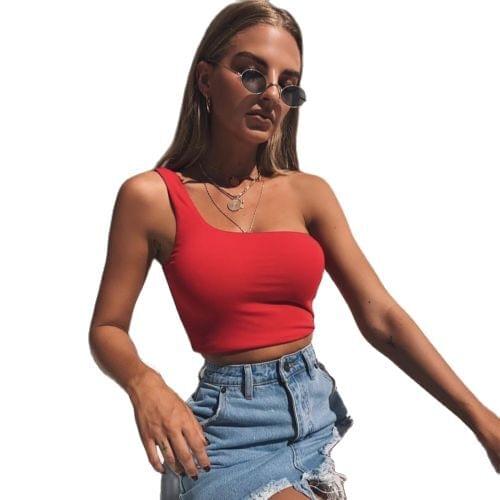 New 2020 Women Girls Sexy Casual Single shoulder Tank Tops Vest Sleeveless Crop Top Shirt