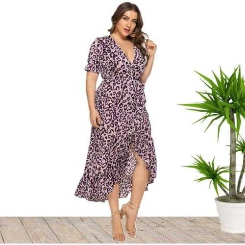 Plus Size Womens Dress Ruffled V-neck Leopard Print Dress Birthday Party Dress Sexy Clubwear Beach Dress Summer Clothing 6XL