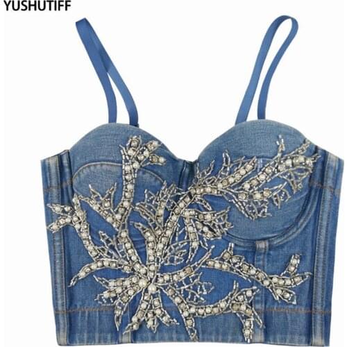 2021 Summer Sexy Show Beading Top Denim Female Crop Top Women Harajuku Camis Tops With Built In Bra Push Up Bralette Clothing