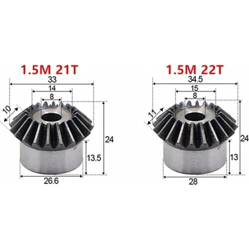 1pc 1.5 Modulus 21 Teeth 22 Teeth inner hole 8/10/12/14/15mm Metal Gear Bevel Gears 90 Degree Drive Commutation
