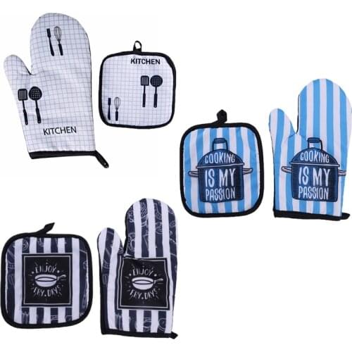 2pcs/set Microwave Baking BBQ Glove Cotton Oven Mitts Heat Resistant Linen Pad Potholders Non-slip Mitten