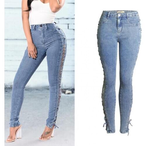 2021 Plus Size Mid Waist Ripped Holes Denim Pencil Jeans Pants Jeans Cross Legged Strapping Jeans Sexy Slim Trendy Jeans