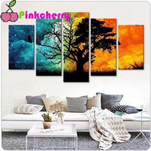 5 Panel Colorful Tree Landscape diamond painting cross stitch Full Square Round diamond embroidery mosaic Landscape k1648