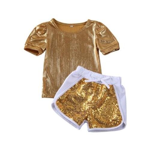0-4Y Infant Kids Baby Girls Clothes Sets Puff Sleeve Solid T Shirts Tops+Sequined Shorts 2pcs Outfits