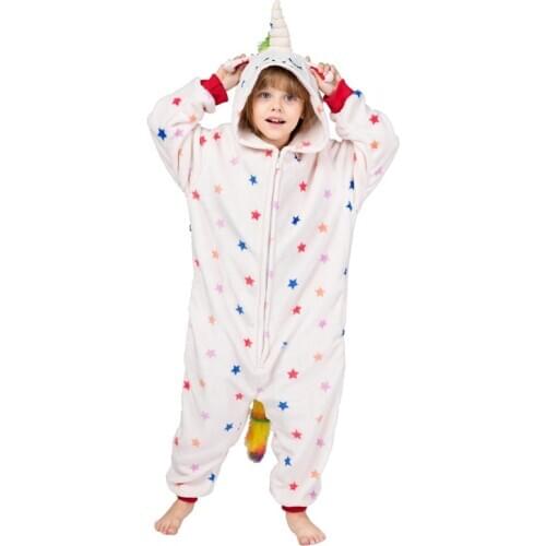 Unicorn Onesie For Kids Animal Kigurumis Cute Kawaii Girls Pajama Stars Unicorns Suit Zipper Flannel Overall Warm Soft Outfit