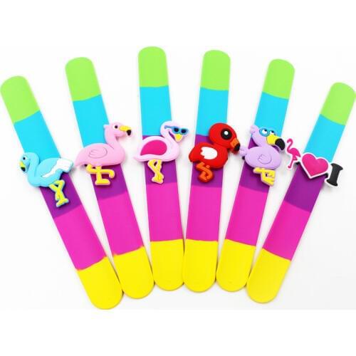 Jiangzimei 24pcs/lot Colorful Flamingo Flexible Wrap Slap Wristband Cartoon Bangle bracelet for Kid Children Girl party gift