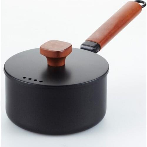 16cm Cast Iron Saucepan, Nonstick Sauce Pan Small Pot with Lid, Solid Wood Handle, 2L Saucepan, Small Pot with Lid for Cooking