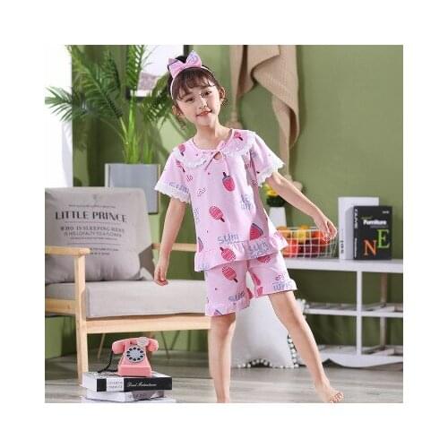 Summer Girls Pyjamas Lovely lace Kids Pajamas Sets Cotton Sleepwear Suit Short-Sleeved homewear 2pcs Children Princess pijamas