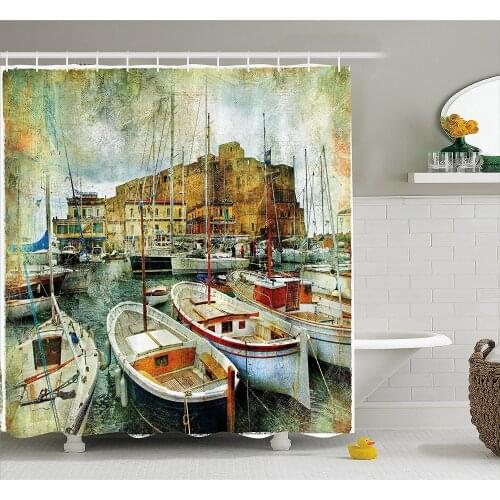 Marine Shower Curtain Naples Small Boats at Historical Italian Coast with Heritage Castle Nautical Artwork Bathroom Curtains