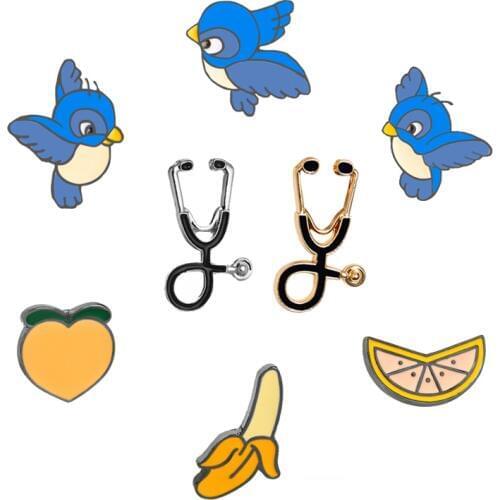 Cartoon Pins and Brooches Blue Bird Stethoscope Fruits Banana Orange Collection Clothes Jackets Lapel Pin Metal Badges Jewelry