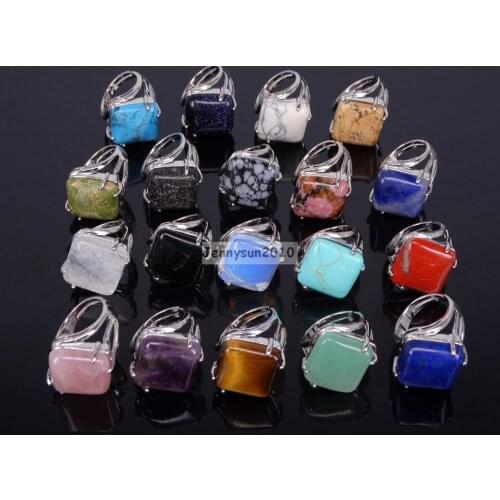 Natural Gemst Sones Diagonal Square Cabochon Reiki Chakra Adjustable Silver Ring Reiki Chakra Jewelry 10Pcs/Pack