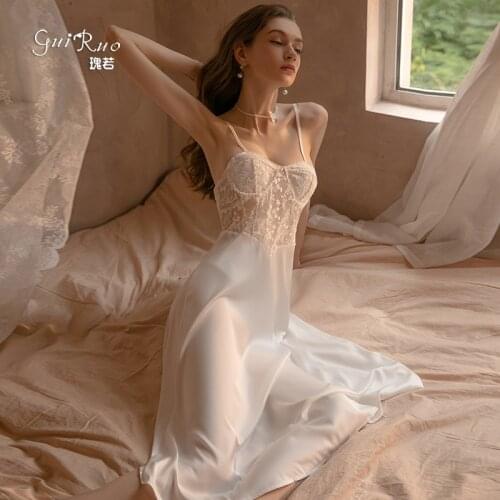 Womens Lace braces long skirt Perspective satin face nightdress backless Nightgown sexy Sleepshirts home clothing Sexy lingerie