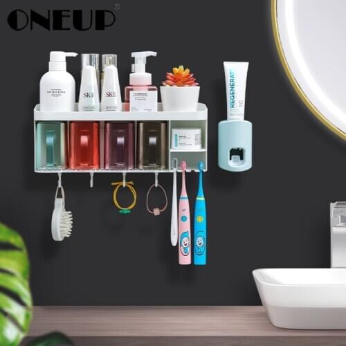 ONEUP Self-adhesive Inverted Toothbrush Holder Automatic Toothpaste Dispenser With Cup Storage Rack For Bathroom Accessories Set