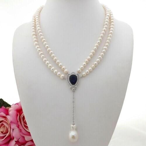 K091309 20'' 2 Strands White freshwater Pearl Necklace cubic zirconia micro pave Pendant necklace wedding for women