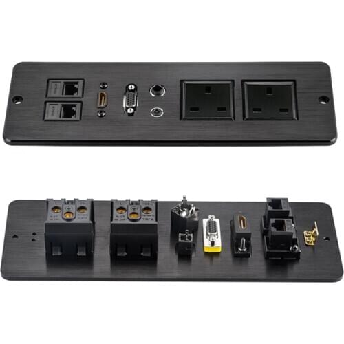 Aluminum Alloy Panel Desktop Power Socket with 2AC Socket 6.35+3.5 Audio+HDMI+VGA+Dual RJ45 Network Port Electrical Outlet