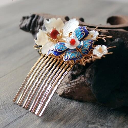 Cloisonne Butterfly Hair Comb Semi-precious Stone Hair Pins Natural Shell Flower Wedding Hair Accessories