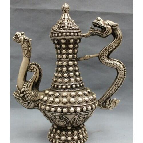 Song voge gem S2724 10" Folk Chinese Silver Auspicious Smybol Dragon Head Statue Wine Pot Teapot