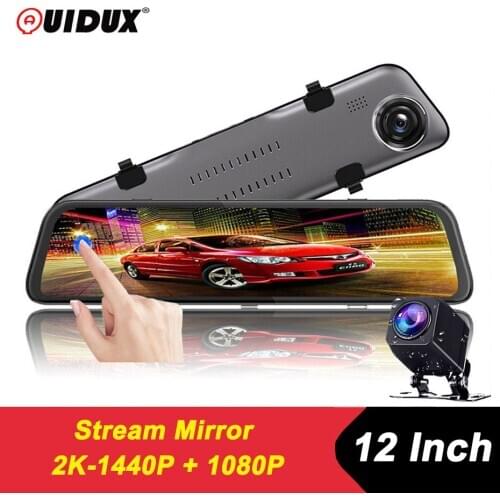 QUIDUX 2K 12inch Streaming RearView Mirror Car Dvr Camera 1440P FHD Dual Lens Driving Video Recorder Dash Cam Registrar Rear Cam