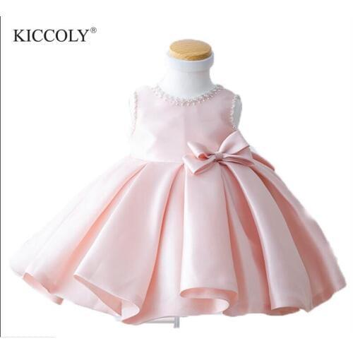 Pink Lace Infant Girl Clothes Beads Bow Newborn Baptism Dress Baby Girls Party Christening Dresses 1 Year Birthday Outfits