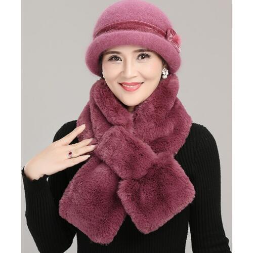 Middle-aged Mother Hat Female Winter Warm Rabbit Fur Blend Knitted Cap Christmas Gift Grandma Plus Velvet Hats Scarf Set H7133