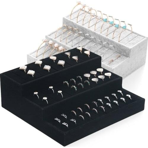 3 Layers Velvet Jewelry Bracelet Bangle Ring Display Case Storage Organizer Holder Stand Rack