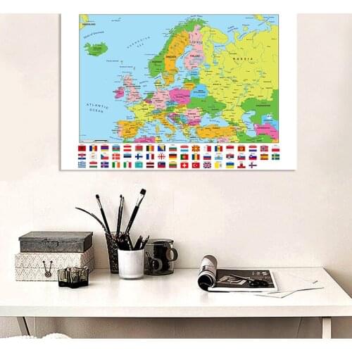 The Europe Map of Political Distribution with National Flag Non-woven Canvas Painting Wall Poster Home Decor School Supplies