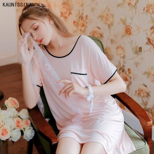 Women Casual Nightgown O-Neck Sleepwear Short Sleeve Pocket Modal Nightdress Summer Sleep Lounge Dress Home Clothes Nightwear