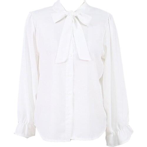 New Women blouse tops White Flared sleeves Bow Long Sleeve Chiffon Blouse Work Wear Office 2021 retro temperament ladies shirt