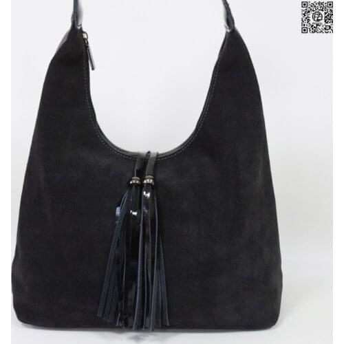 Womens bag, posess store, bag, front side-natural suede, handle made of natural lacquered leather