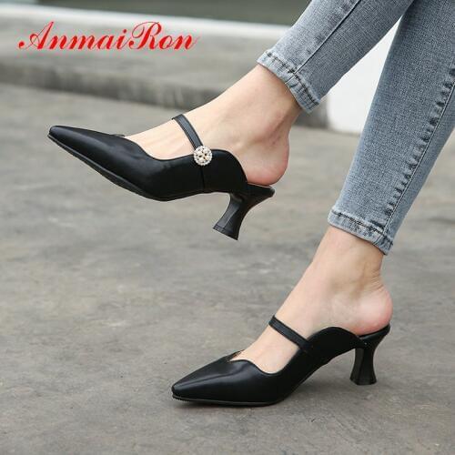 ANMAIRON 2020 Solid Women Slippers Fashion Summer Outside PU Crystal Square Heel Basic Luxury Shoes Women Designers Size 34-43