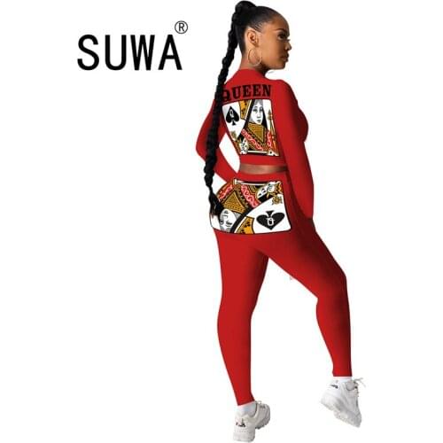2020 New Autumn Women Suit Hot Style Solid-color Poker Spades Letter QUEEN Print Long Sleeves Crop Tops & Trousers 2 Piece Set