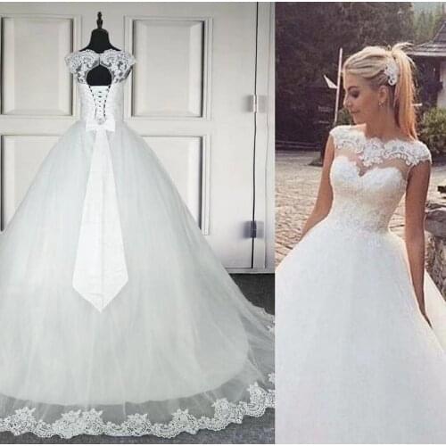 2021 O-Neck Back Lace-up A-Line White Cap Sleeve Sweep Train Tulle Lace Elegant Wedding Dress Bride Gown Vestidos De Novia