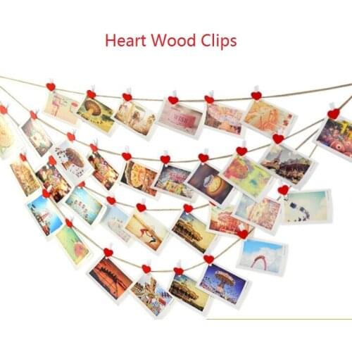 20pcs/pack mini photo spring clip wood colored cute heart home office frame decorate clips with rope